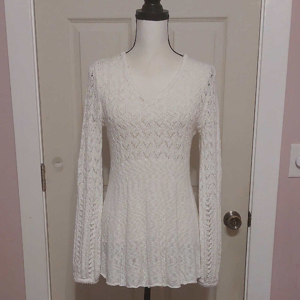 Style&Co White Pointelle Cotton Blend Dressy Tunic Sweater Size S